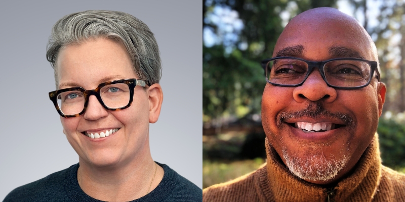 Headshots of Jen Self (with fair skin, short grey hair, eyeglasses) and Darrow Brown (with brown skin, black/grey beard, eyeglasses)