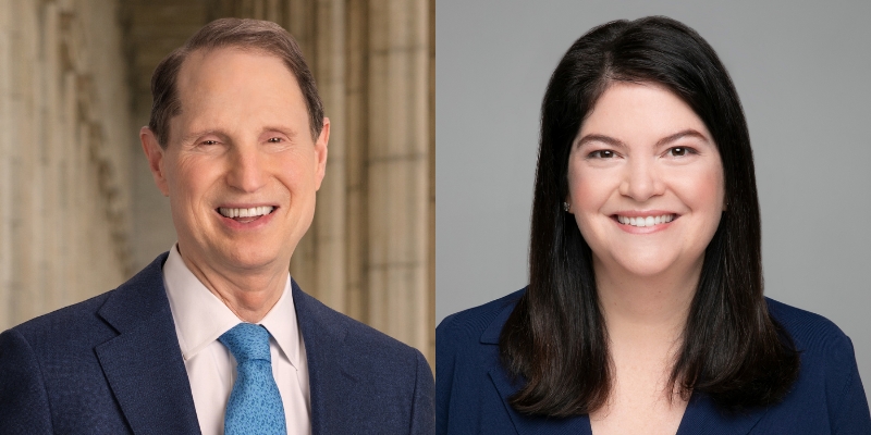 From left to right: Headshots of Ron Wyden and Liz Berry