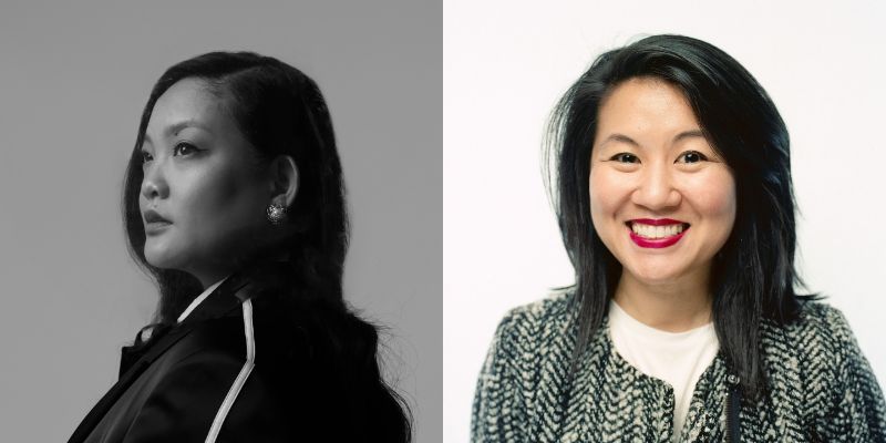 On left, Amanda Nguyen in a black and white tracksuit. On right, Thanh Tan in a black and white herringbone blazer.