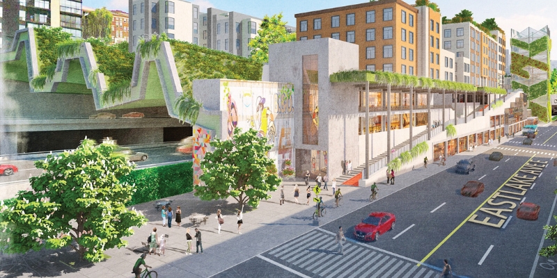 Illustration of a vibrant urban development featuring modern buildings, green rooftop gardens, murals, and a street labeled 'Eastlake Avenue' with cars, pedestrians, and cyclists.