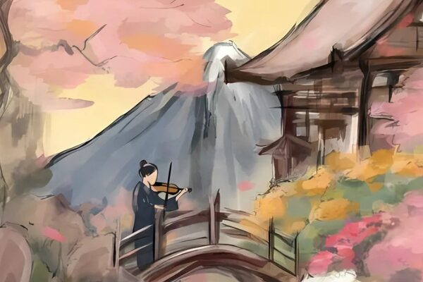 Traditional East Asian painting of a person playing the violin on a bridge. The bridge is surrounded by bushes and cherry blossom trees, with a waterfall underneath. A wooden house and snowy mountain are in the background.