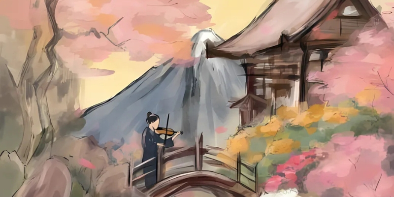 Traditional East Asian painting of a person playing the violin on a bridge. The bridge is surrounded by bushes and cherry blossom trees, with a waterfall underneath. A wooden house and snowy mountain are in the background.