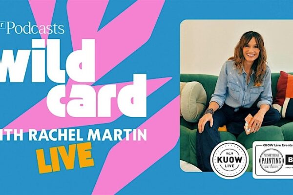Blue banner with pink geometric shapes for NPR's podcast event 'Wild Card with Rachel Martin Live,' featuring Rachel Martin seated on a green couch. Sponsored by KUOW Live, Phinney Ridge Painting, and BECU.