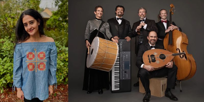 On the left, a woman with dark hair and a denim shirt. On the right, a 4 member band in formal dress holding their instruments