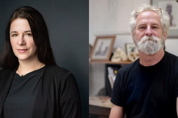 On left, Juliette Aristides (with long dark hair) faces the camera. On the right, Mike Magrath (with grey hair and a beard) in an arts studio