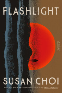 Book cover of "Flash Light" by Susan Choi (National Book Award-winning author of Trust Exercise). The cover features a sideways illustration of a silhouette walking on the shore with a red sunset in the background. Dark ocean waves are in the foreground.