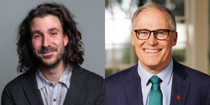 From left to right: Headshots of Adam Met (with wavy brown hair/beard) and Governor Jay Inslee (with grey hair, eyeglasses, and navy suit)