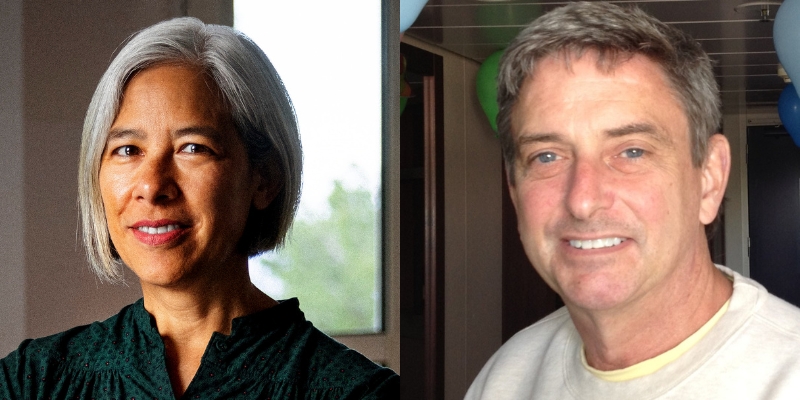 From left to right: Headshots of Susan Choi (with light skin and grey bob) and John Whittier Treat (with fair skin and short grey hair)