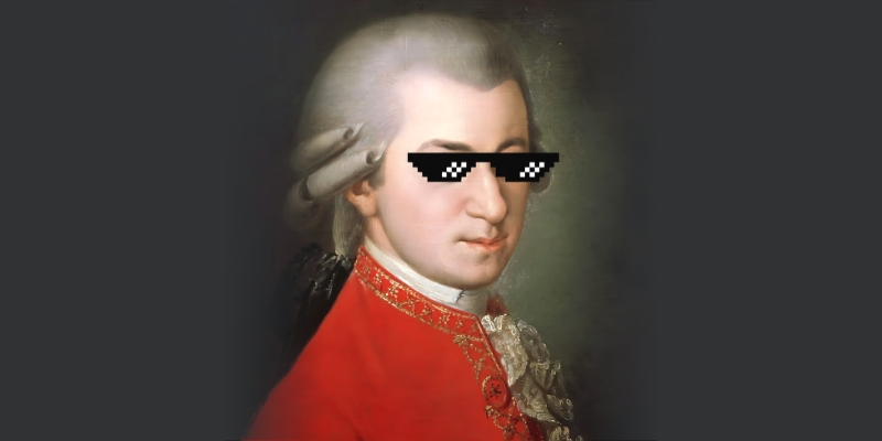 A painted portrait of Mozart wearing pixelated sunglasses in front of a grey background.