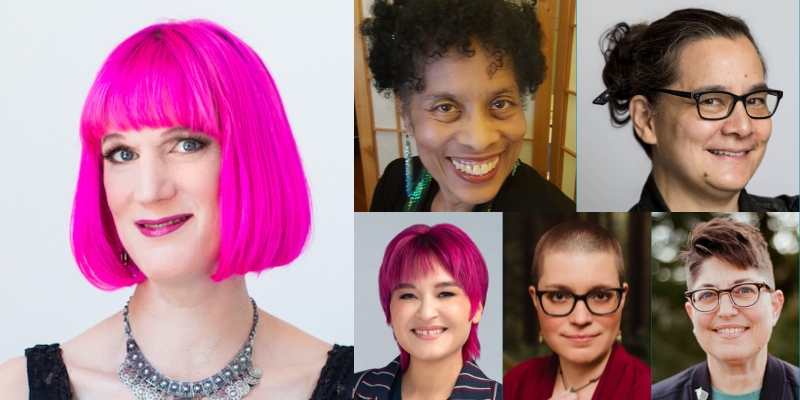 Headshots of Becky Chambers, Andrea Hairston, Annalee Newitz, Darcie Little Badger, Charlie Jane Anders, and Cecilia Tan
