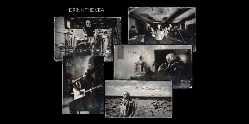 A collage of vintage black and white photos featuring Lisette Garcia, Barrett Martin, Peter Buck, Alain Johannes, and Duke Garwood