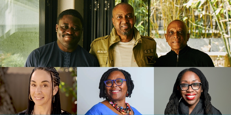 Group photo of Resmaa Menakem, Bayo Akomolafe, and Orland Bishop, with headshots of Sienna McLean LoGreco, Victoria Santos, and moderator C. Davida Ingram