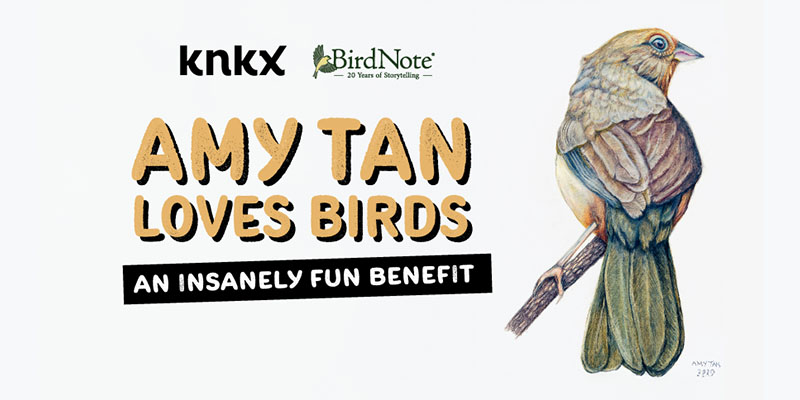 Amy Tan Loves Birds in yellow bubble letters with an illustrated bird