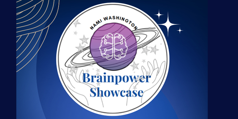 Banner graphic with the NAMI Washington Brainpower Showcase logo. The logo features an illustration of hands holding up a planet with rings, surrounded by silver stars. An outline of a brain is drawn in the center of the planet.