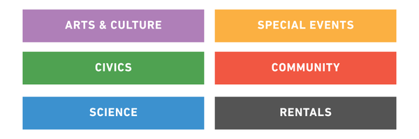 Color Key of Town Hall Series: Purple for Arts & Culture, Gold for Special Events, Green for Civics, Red-Orange for Community, Blue for Science, and Gray for Rentals.