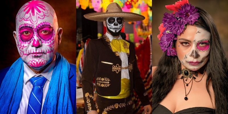 A collage of 3 photos showing people dressed as Catrinas/Catrines, with colorful skull face paint.