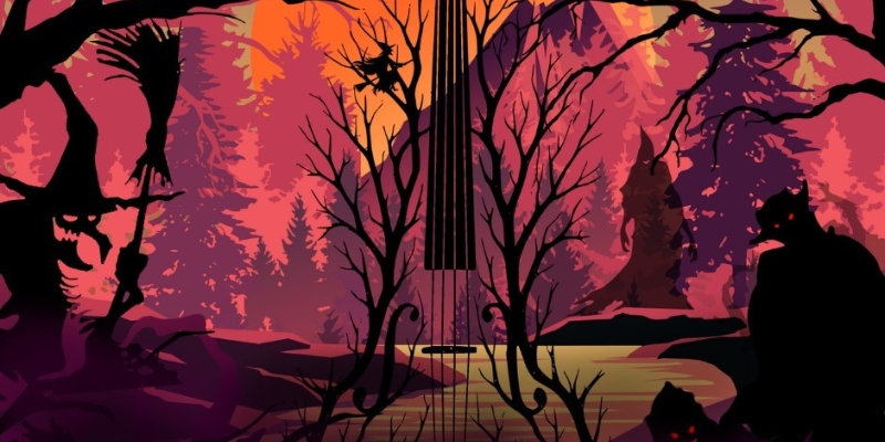 A silhouetted fantasy scene with witches, trees with branches shaping a violin, and red-eyed creatures under an orange full moon.