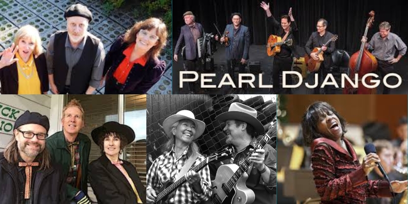 Collage of photos featuring performers Pearl Django with Gail Pettis, Uncle Bonsai, The Buckaroosters, and Motel 5.