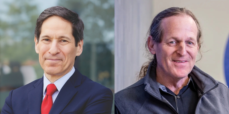 Headshots of Tom Frieden (with short brown hair, navy suit) and Jim Heath (with brown ponytail, grey jacket)