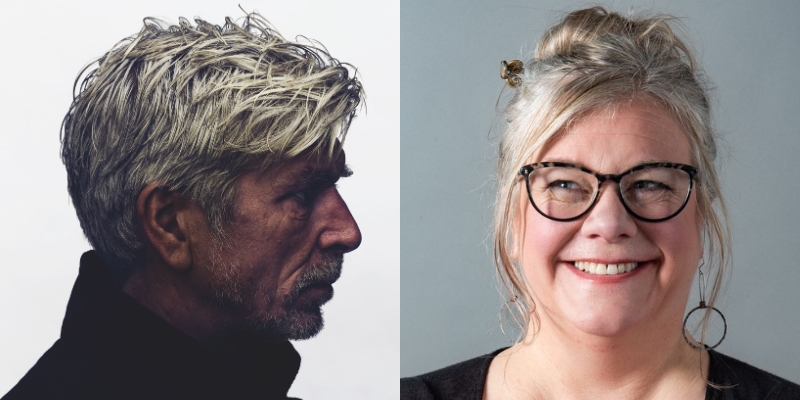 Headshots of Karl Ove Knausgard and Elizabeth DeNoma