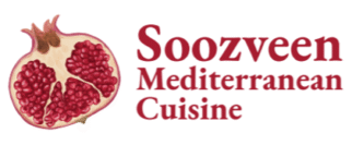 pomegranate graphic with lettering reading Soozveen Mediterranean Cuisine