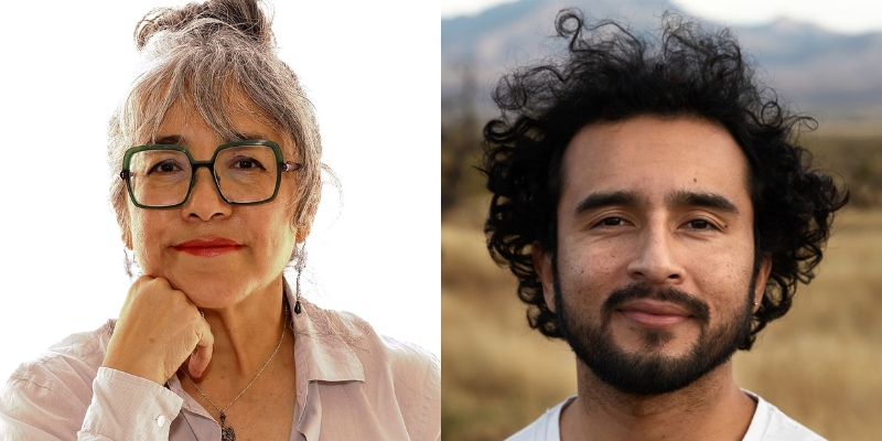 Headshots of Cristina Rivera Garza (with grey updo, eyeglasses) and Javier Zamora (with curly black hair, beard)