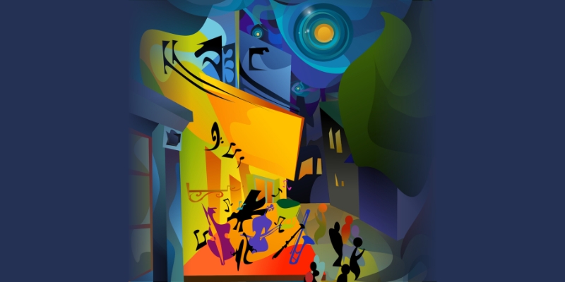 Abstract scene of a jazz band playing outside under a swirling, starry night sky.