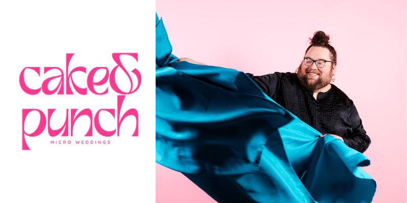 Cake & Punch text logo in pink (left) and Jake Taylor, waving a piece of teal satin fabric