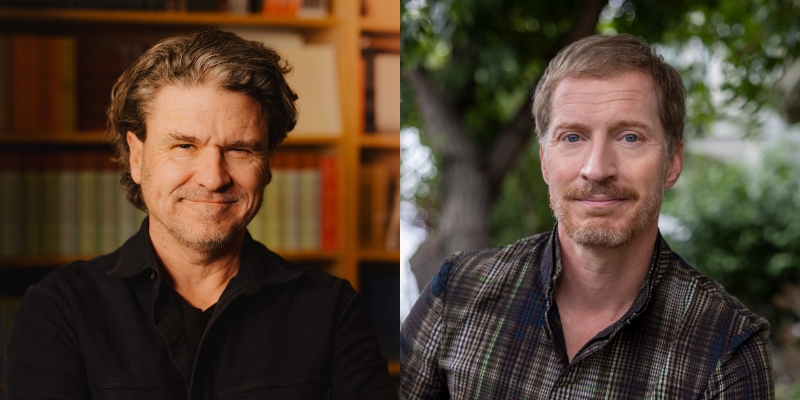 Headshots of Dave Eggers and Andrew Sean Greer