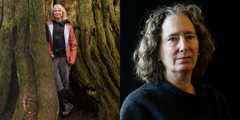 On the left: Suzanne Simard leans on a large tree with her hands in her pockets. On the right: Headshot of Lynda Mapes