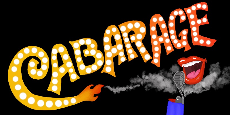 CabaRAGE logo, featuring an illustration of a mouth speaking into a mic held up by a lighter.