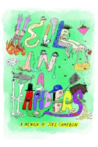 Book cover for "Hell in a Handbag," a memoir by Jibz Cameron. The title is depicted using distorted, illustrated letters over a green watercolor background. Each character forming the title has unique, whimsical attributes such as limbs, faces, or objects.