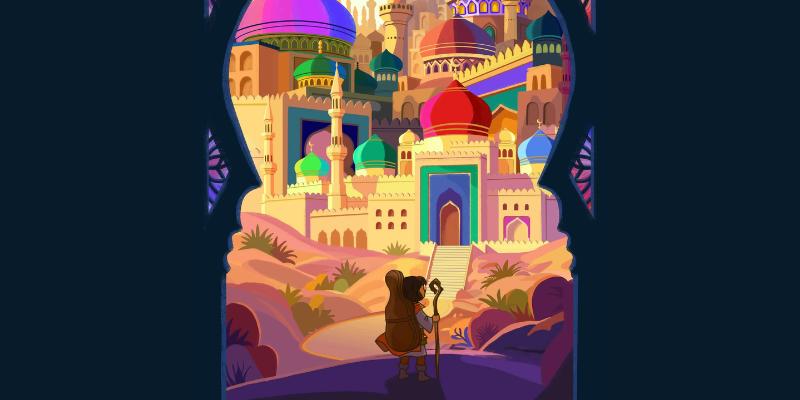 A colorful cityscape with domes and towers viewed through a decorative arch with a cloaked figure in the foreground.