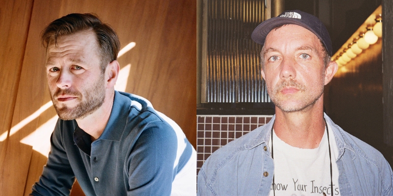 Headshots of Mac Barnett (with brown hair and beard) and Jon Klassen (with denim shirt and black baseball cap)