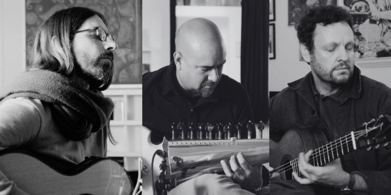 Headshots of Derek Gripper, Alam Khan and Guy Buttery playing the guitar.