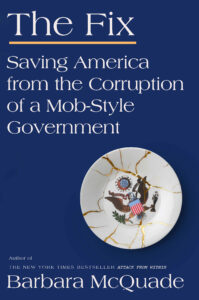 Book cover of "The Fix: Saving America from the Corruption of a Mob-Style Government" by Barbara McQuade, featuring a white plate with the Great Seal of the United States and gold cracks against a dark blue background.