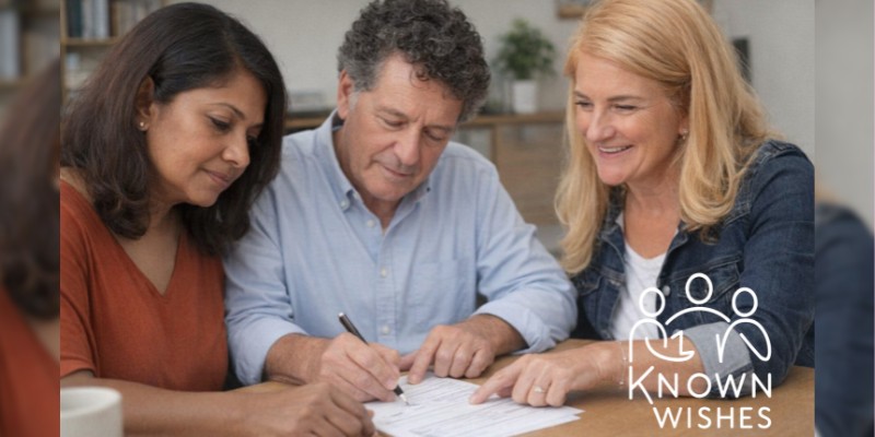Three people looking at and discussing a document on a table, with the "KNOWN WISHES" logo present.
