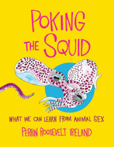 Book cover for "Poking the Squid: What We Can Learn from Animal Sex" by Perrin Roosevelt Ireland, featuring an illustrations of two purple spotted squids over a yellow background.