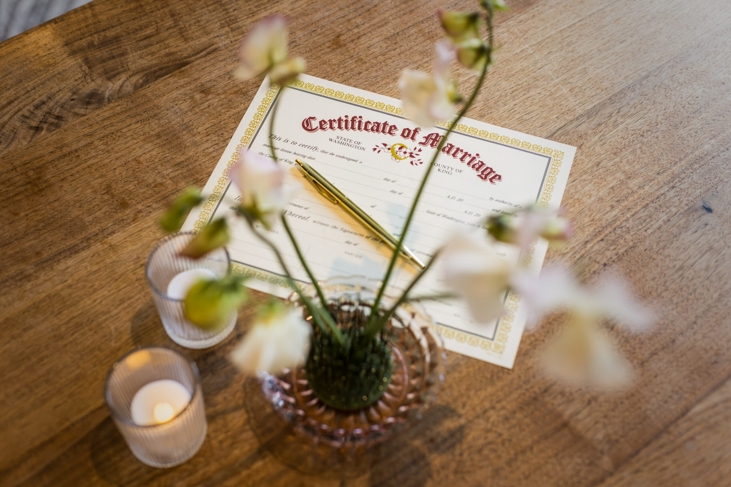A marriage certificate ready to be signed in the Reading Room at Town Hall Seattle, photo by Dan DeLong
