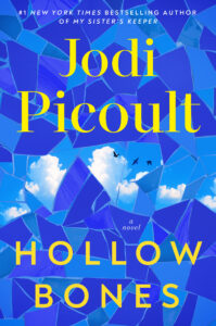 Cover of the novel "Hollow Bones" by Jodi Picoult, featuring a blue mosaic design with an image of clouds and birds in the center.