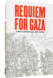 Book cover for "Requiem for Gaza" by Chris Hedges and Joe Sacco, featuring a monochrome illustration of crowded figures with backpacks and belongings set against a white background, with the title in bold red text at the top.