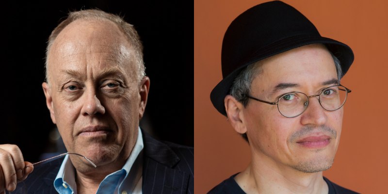 Headshots of Chris Hedges and Joe Sacco