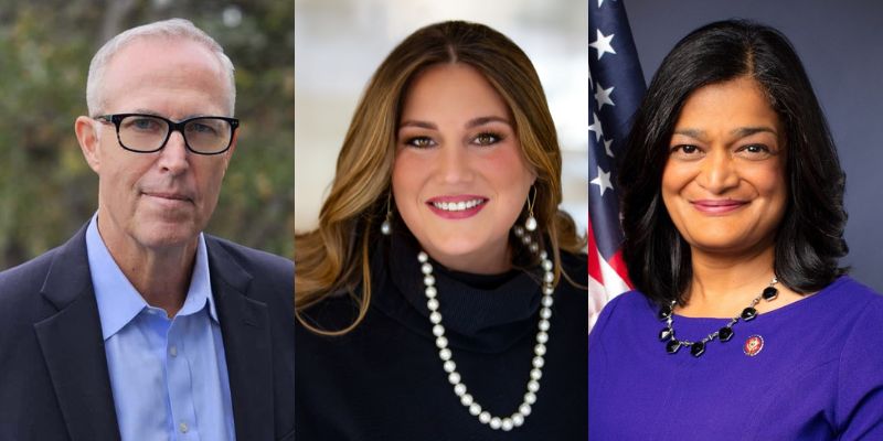 Headshots of Jared Huffman, Skye Perryman, and Pramila Jayapal
