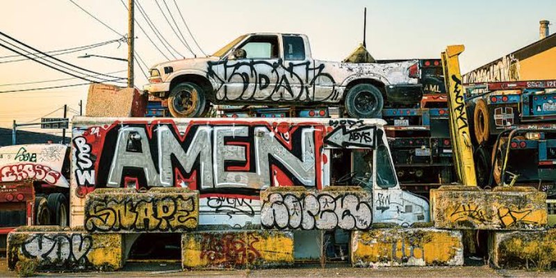 Colorful graffiti covers abandoned vehicles and barriers in an urban setting, featuring the word "AMEN" prominently displayed on a white truck.
