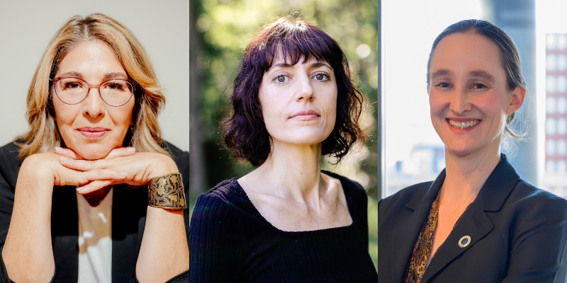 Headshots of Naomi Klein, Astra Taylor, and Katie Wilson