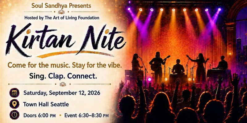 Event graphic for "Kirtan Nite" showing silhouetted musicians on stage with colorful lights, alongside event details including the date and location.