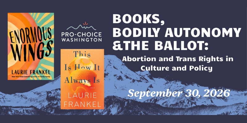 Promotional graphic for an event titled "Books, Bodily Autonomy & the Ballot," featuring book covers by Laurie Frankel and a scenic mountain backdrop.