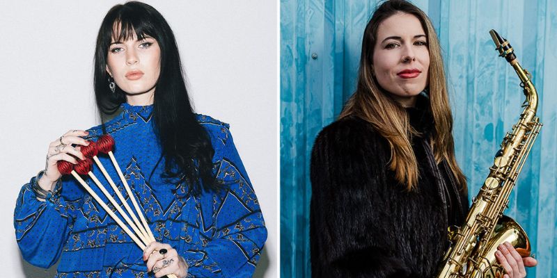 Sidney Hauser / Sasha Berliner two women, the one on the left holds mallets, the one on the right holds a gold saxophone.