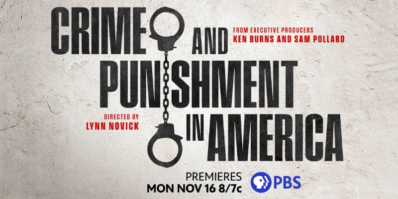 Promotional graphic for "Crime and Punishment in America" documentary, featuring a pair of straightened handcuffs replacing the "I" in "punishment."