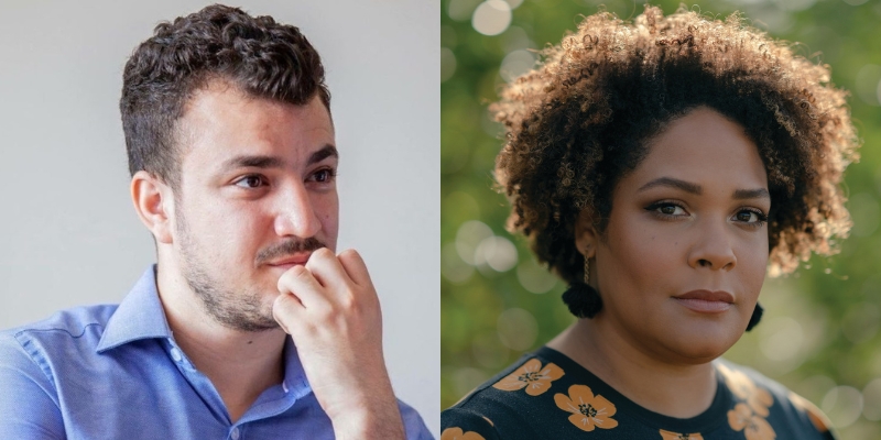 Headshots of Mahmoud Khalil and Ijeoma Oluo